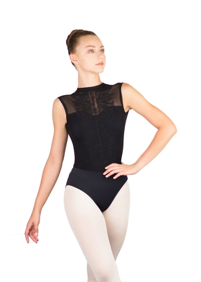 Ballet Rosa HARPER-High Neck Leotard With Embroidered Floral Mesh-NOIR