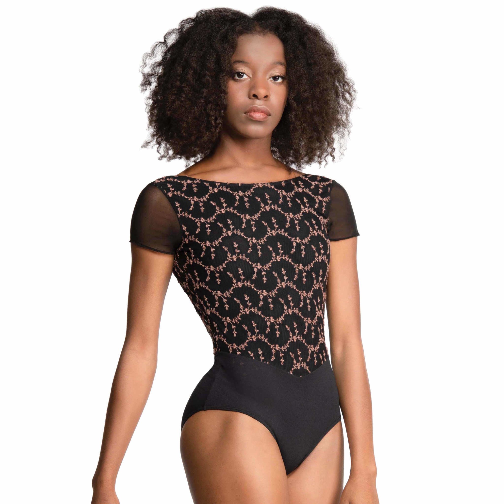 CORALIE-Short Sleeve Leotard V Open Back-NOIR/CAFÉ AU LAIT 38 (S) - Artiste  Claude dancing shop