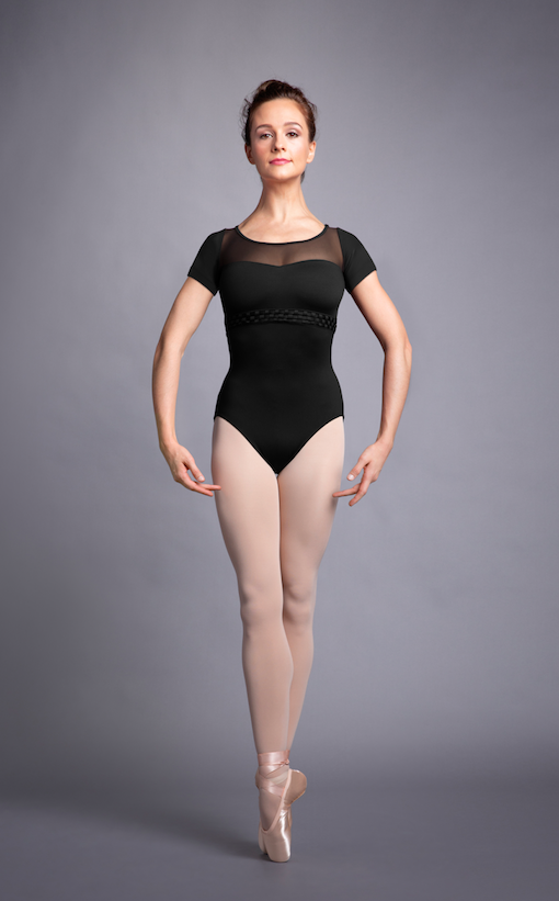 Bloch L3549-VIDALIA-Mesh Wrap Back Weave Trim Short Sleeve Leotard