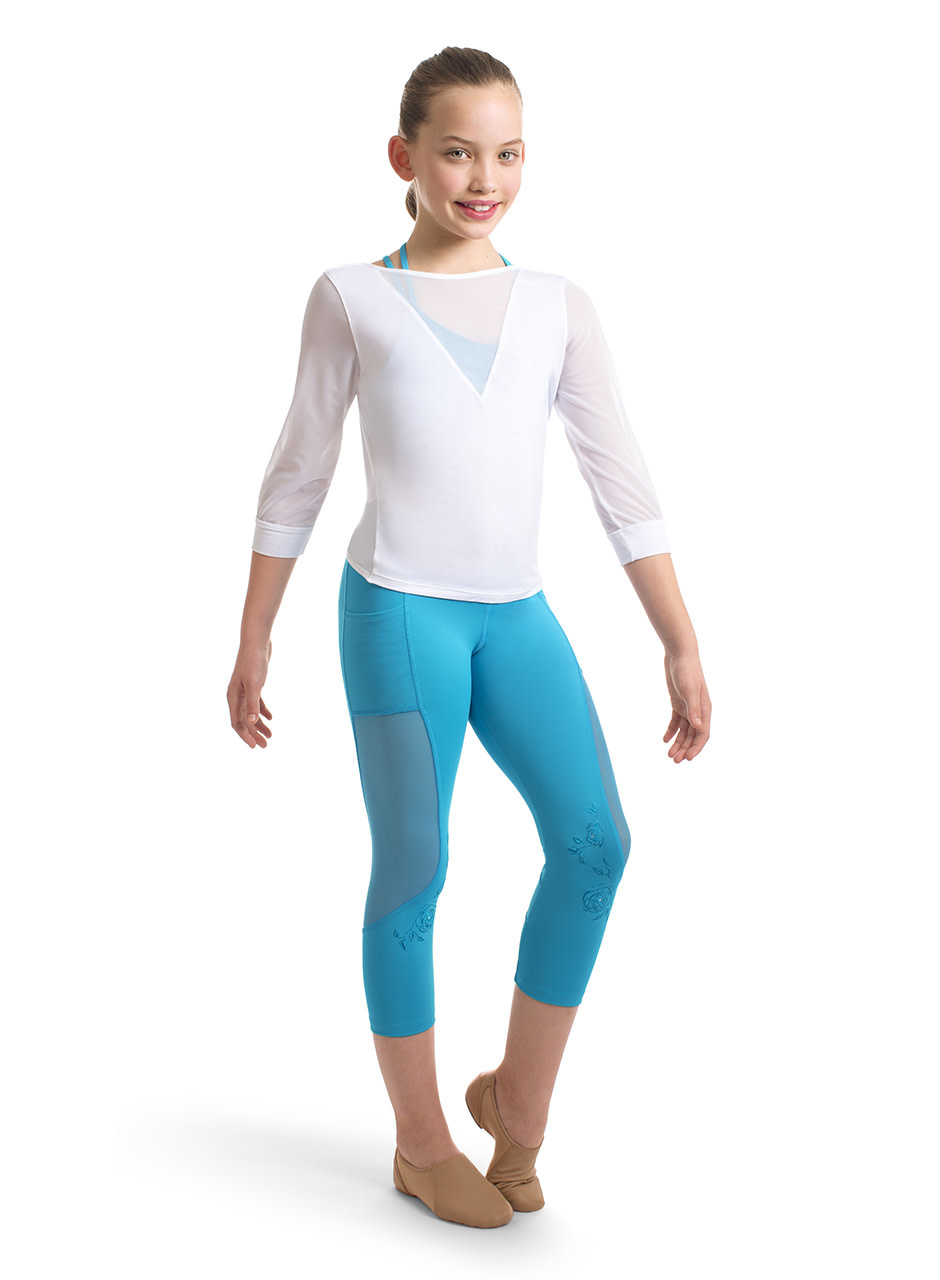 Bloch FT5072C-Jamei V Neckline Mesh Paneled 3/4 Sleeve Top