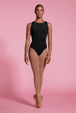 Mirella M3100LM-High Neckline Spliced Mesh Open Back Tank Leotard-BLACK