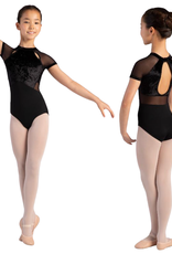 Bloch CL4152-Sasha Mock Neckline Velvet Mesh Short Sleeve Leotard-BLACK-6X7