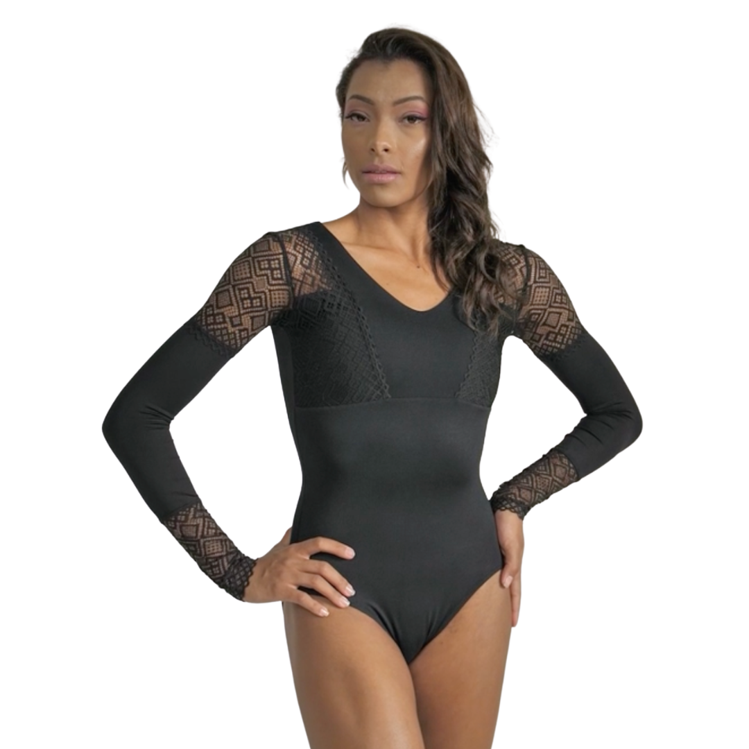 SoDanca RDE-2600-Evangeline Long Sleeve Stretch Lace Leotard-BLACK-SMALL