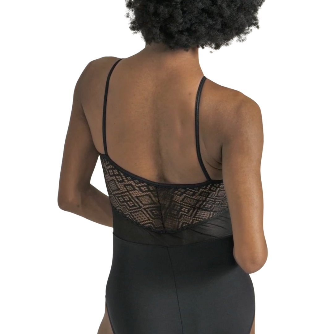 SoDanca RDE-2604-Cendrine Camisole Leotard Stretch Mesh and Lace-BLACK