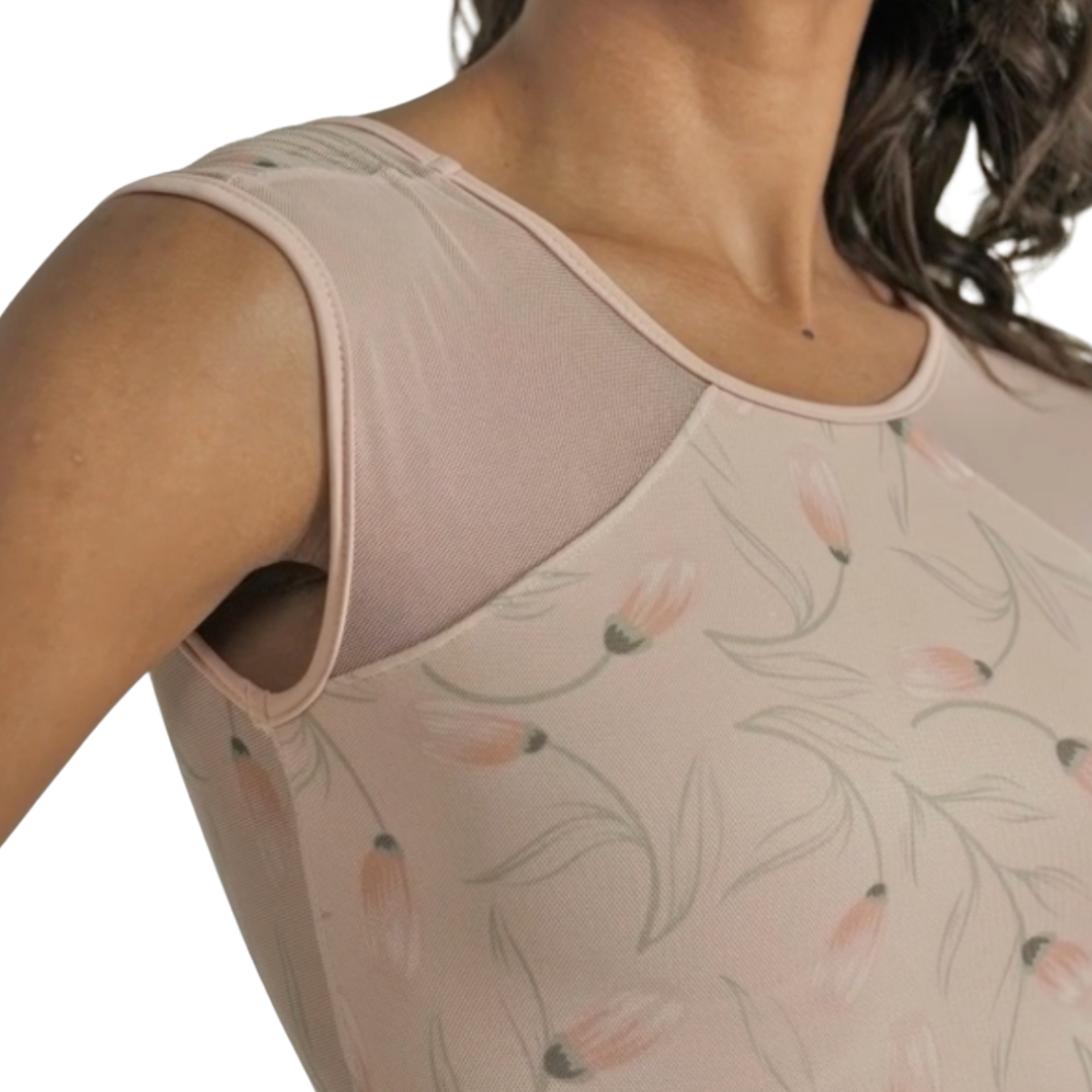 SoDanca RDE-2618-Katmiss  Cap Sleeve Leotard Floral Print Mesh-ANTIQUE ROSE