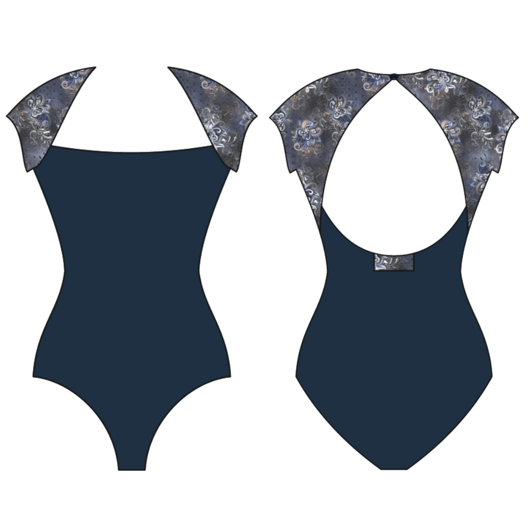 Wear Moi ANTARES-Leotard Cap Sleeve Mesh Printed on Sleeve and Back-NAVY-LARGE