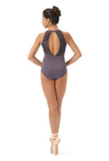 Mirella M8028LM-High Neckline Printed Mesh Paneled Halter Leotard-DUSK