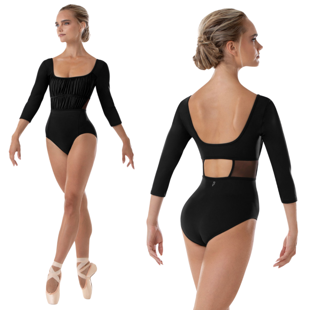 Bloch L4106B-Zoey Scoop Neckline Mesh Detail 3/4 Sleeve Leotard
