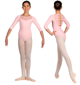 Mirella M122C-Boat Neckline Mesh Twist Back 3/4 Sleeve Leotard
