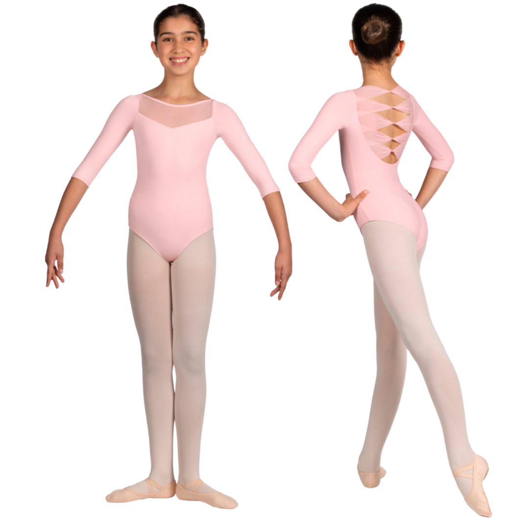 Mirella M122C-Boat Neckline Mesh Twist Back 3/4 Sleeve Leotard