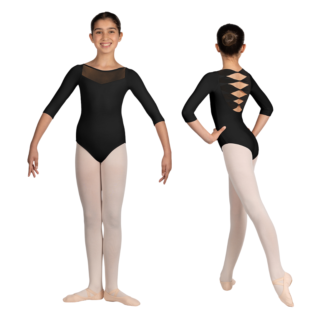 Mirella M122C-Boat Neckline Mesh Twist Back 3/4 Sleeve Leotard