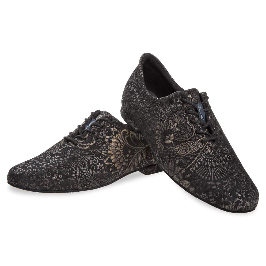 Diamant 199-005-623-Ballroom Shoes 1/2" Suede Sole Black Suede Rococo Print