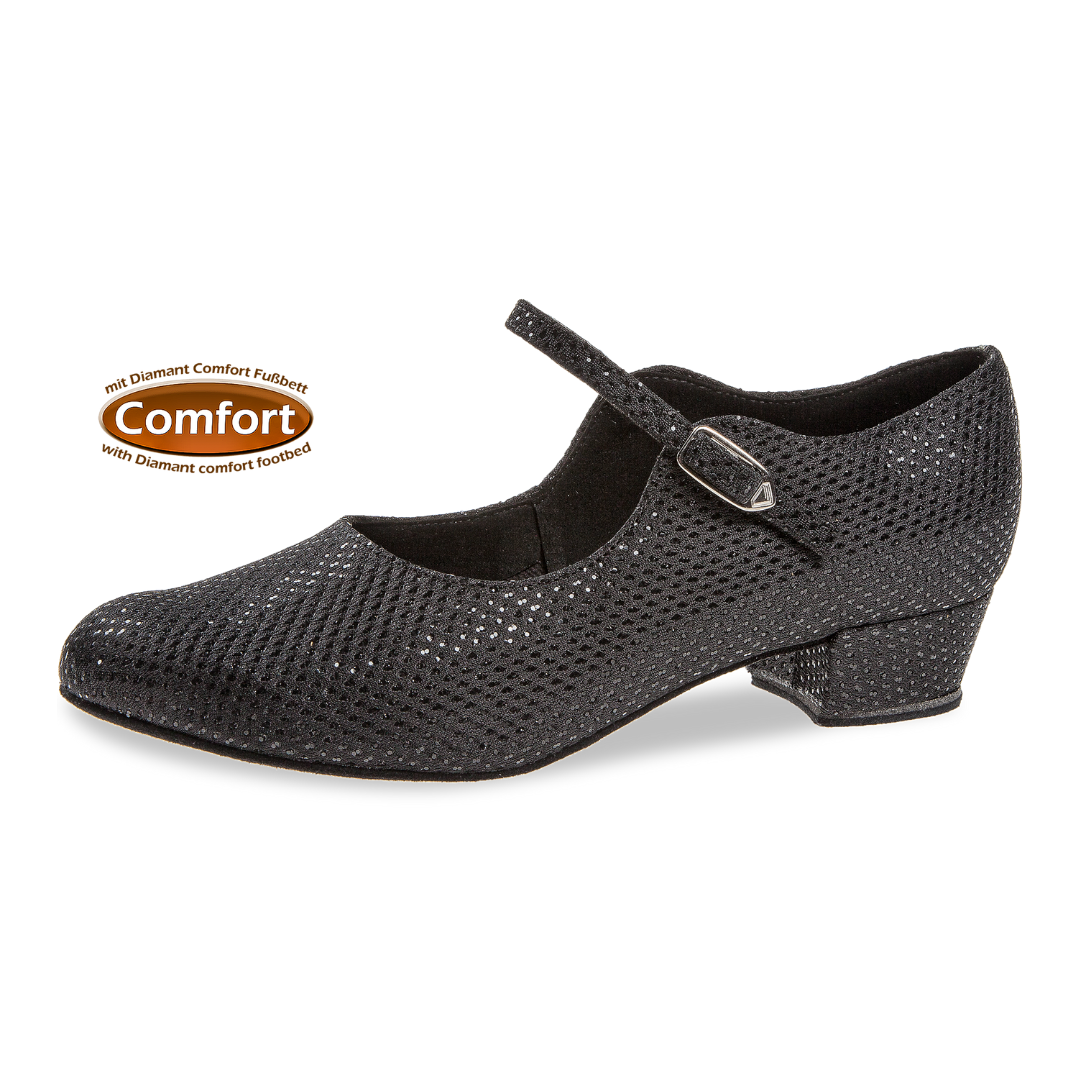 Diamant 050-029-113-Ballroom Shoes 1'' Bloc Heel Suede Sole Glitter-BLACK