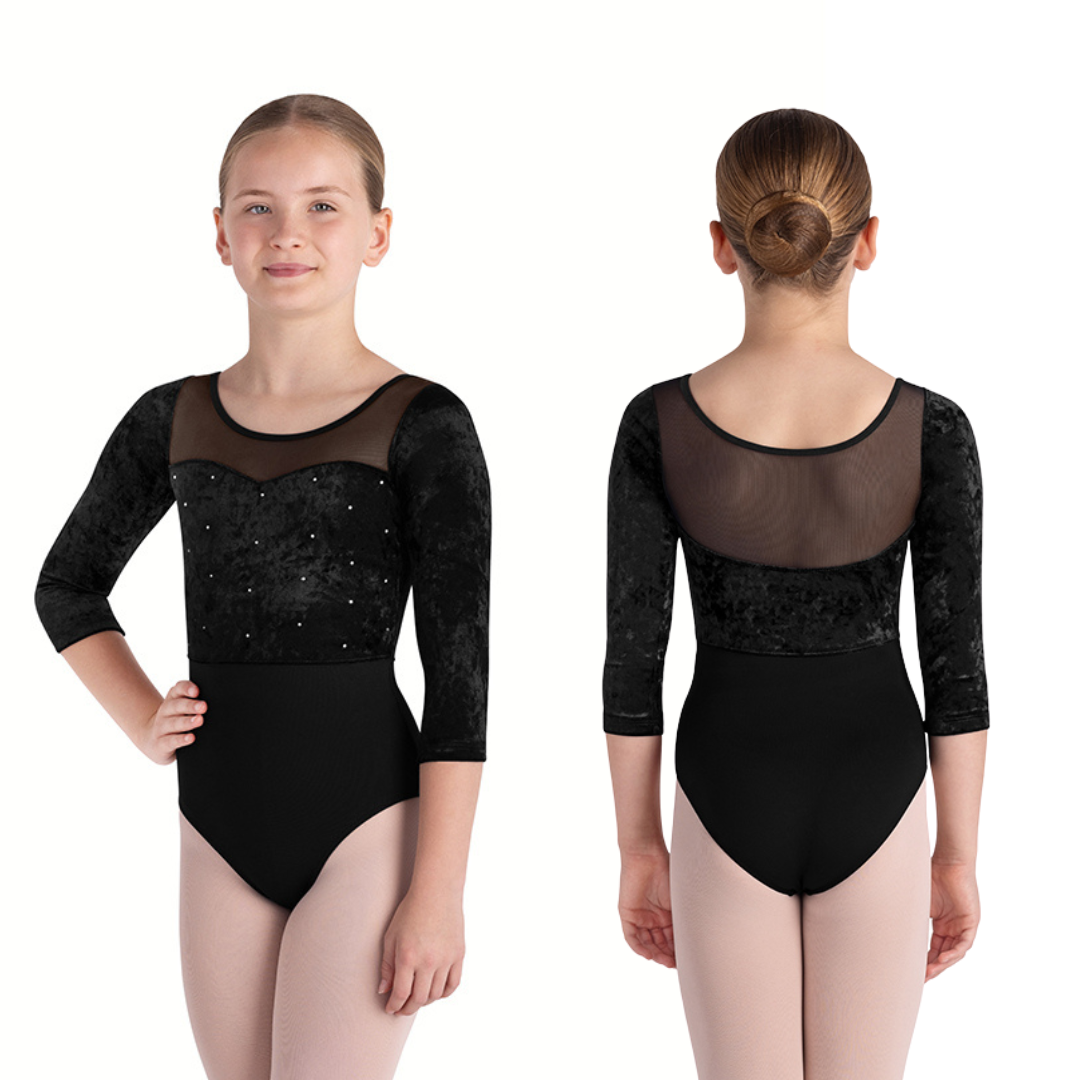 Bloch CL5246-Layla Velvet and Mesh back 3/4 Sleeve Leotard-BLACK