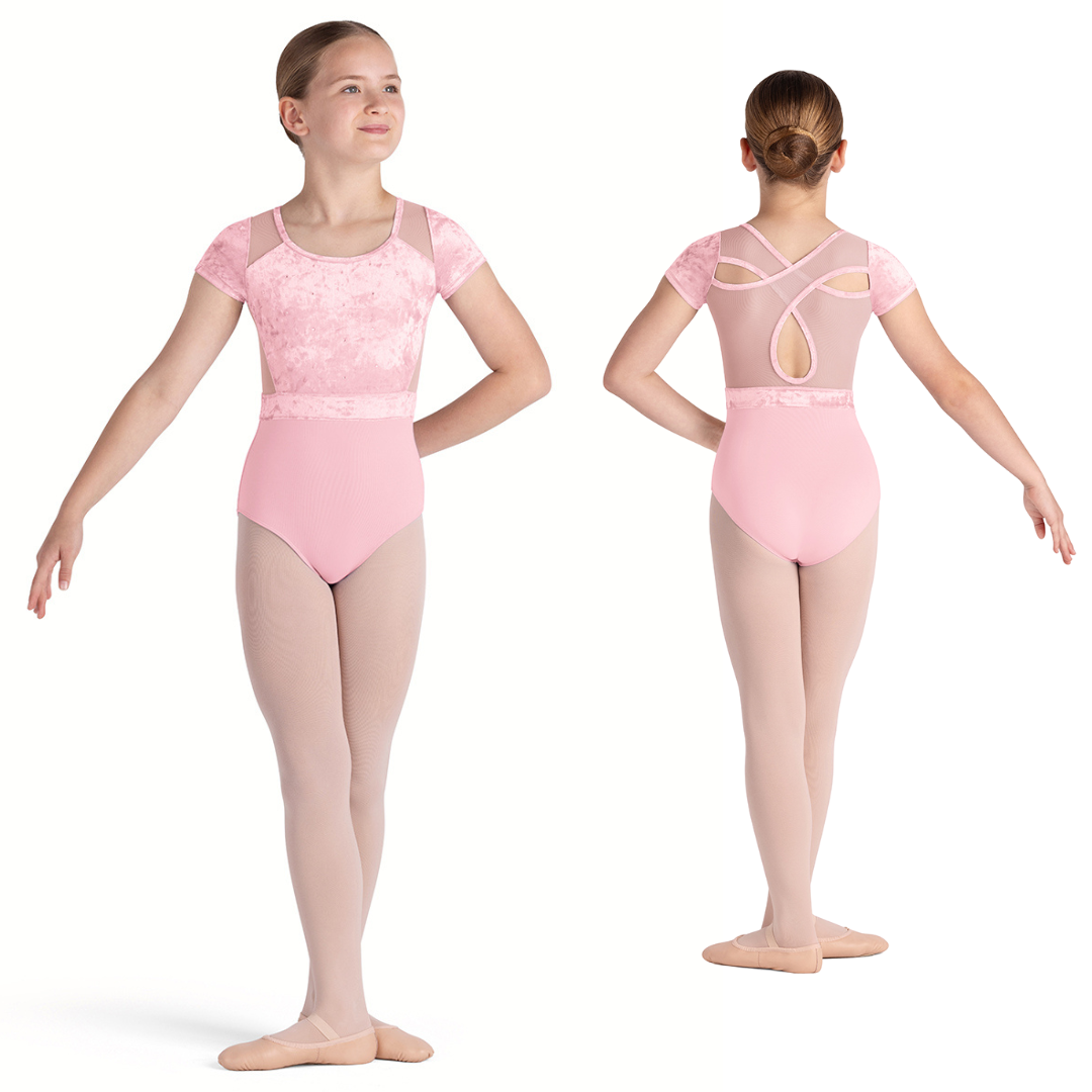 Bloch CL5282-Amelia Velvet and  Mesh Cross Back Cap Sleeve Leotard-PINK