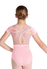Bloch CL5282-Amelia Leotard Manches Courtes Velours et Mesh Dos Croisé-ROSE