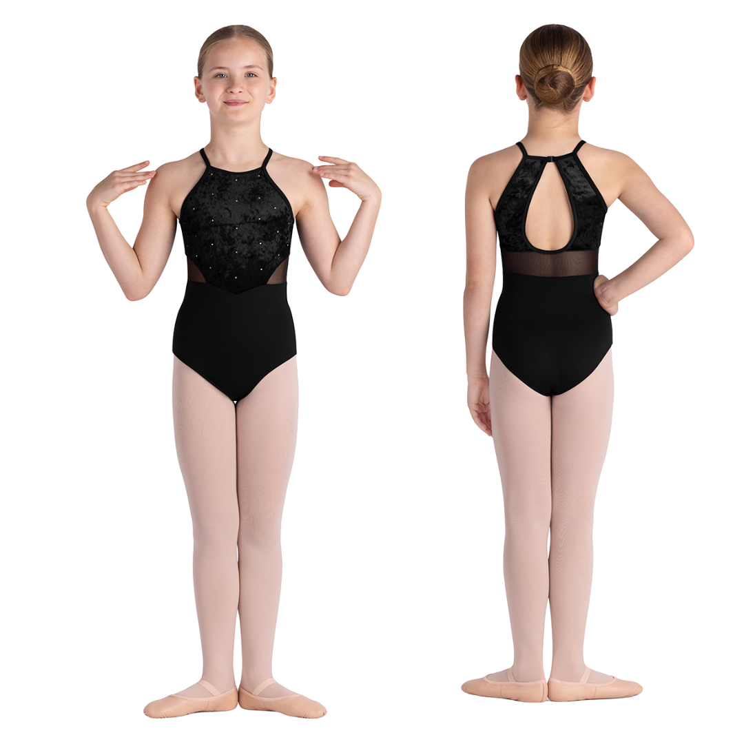 Bloch CL5665-Rosie Velvet Bodice Mesh Detail Halter Leotard-BLACK