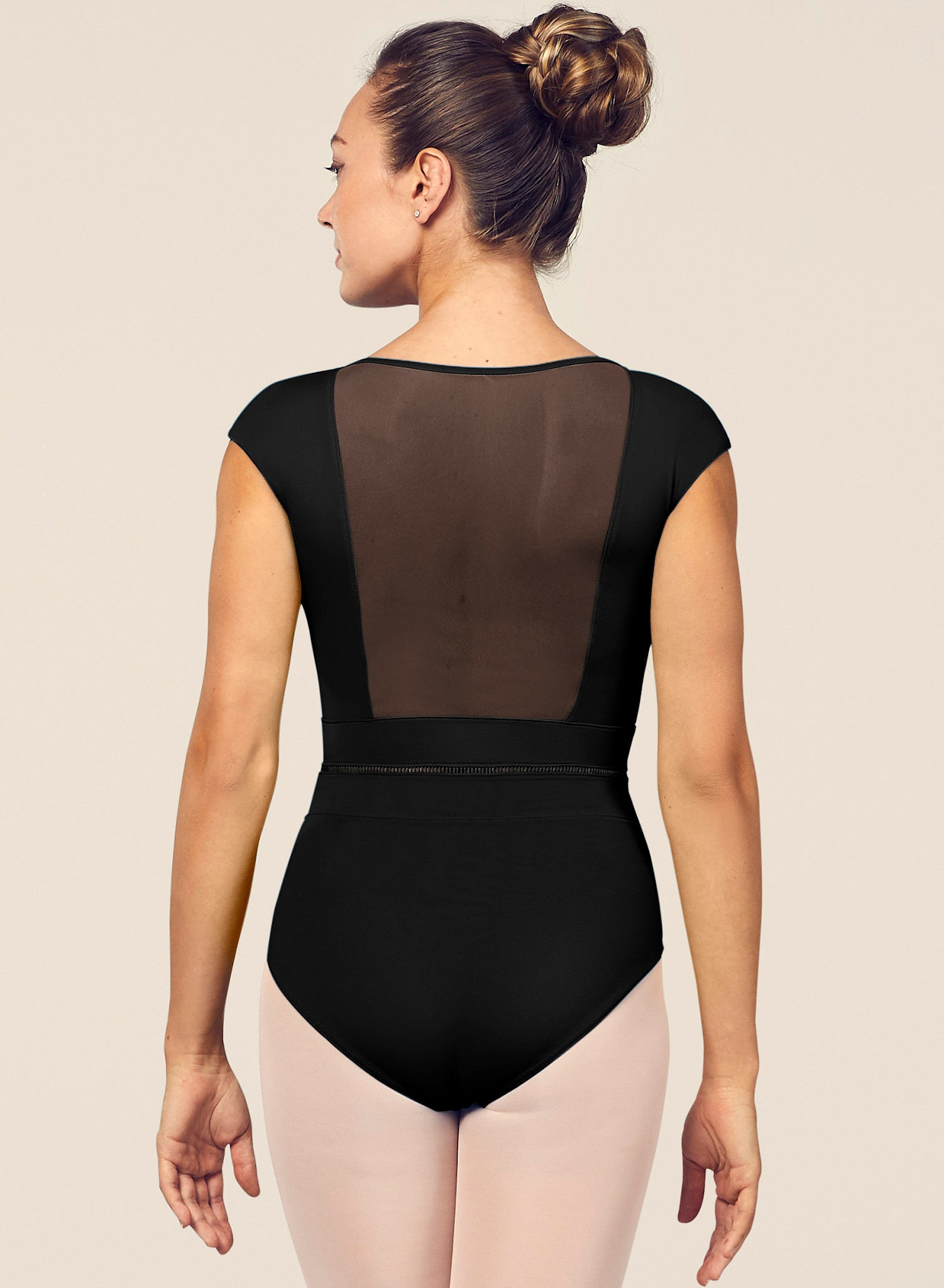 Bloch L4942-Kalila V Neckline Mesh Back Cap Sleeve Leotard-BLACK-ADULT XL
