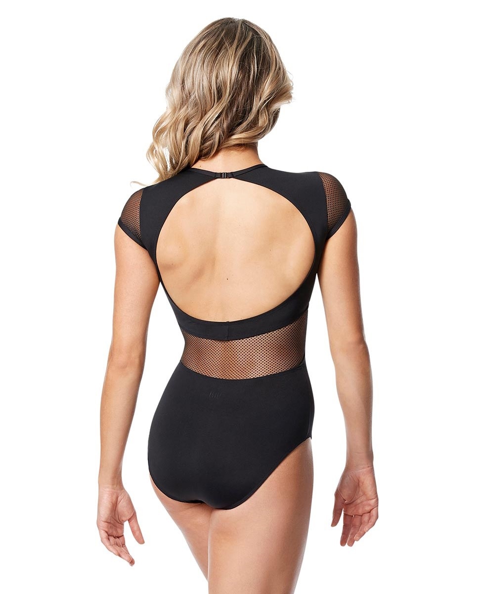 Lulli Dancewear LUF652-Orlina Lace Mesh Cap sleeve Leotard-BLACK-LARGE