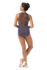 Mirella M3112LM-Zipper Front Print Mesh Back Mock Neck Leotard-DUSK
