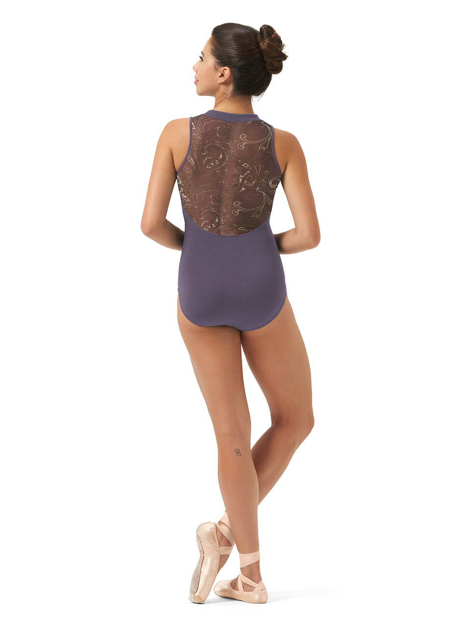 Mirella M3112LM-Zipper Front Print Mesh Back Mock Neck Leotard-DUSK