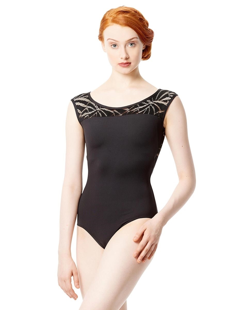 Lulli Dancewear LUF562-Aitana Cap Sleeve Geo Mesh Dance Leotard-BLACK