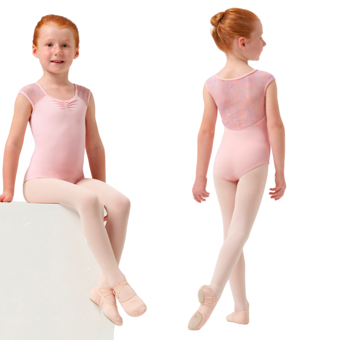 Mirella M1558C-V Neckline Printed Mesh Back Cap Sleeve Leotard-PINK