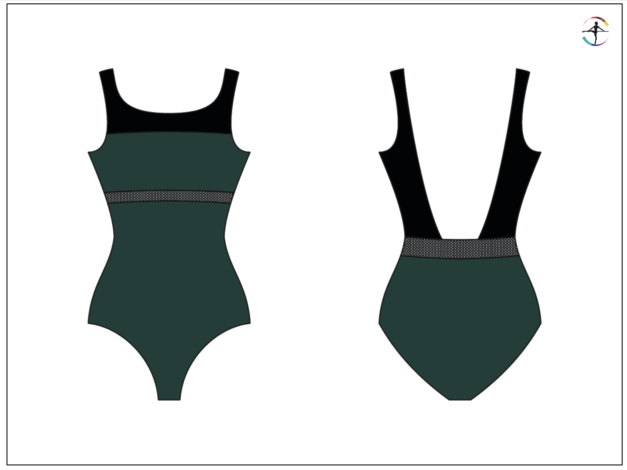 Wear Moi MIMOSA-Leotard Wide Straps Open Back Mesh Insert-FOREST GREEN/BLACK