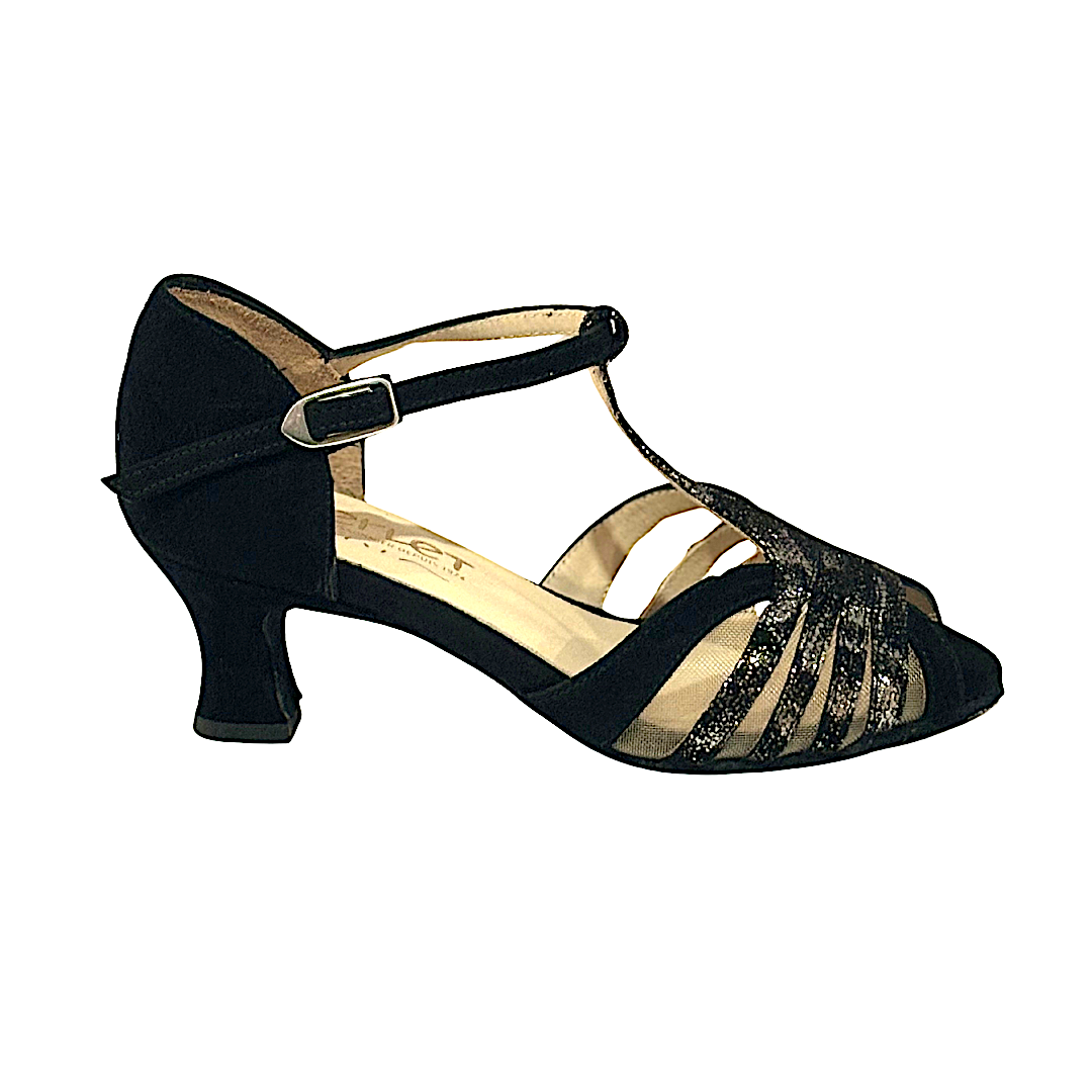 Merlet KANEL7-1404-083-Ballroom Shoes 2'' Suede Sole Isola Leather Velvet Leather-BLACK/SILVER