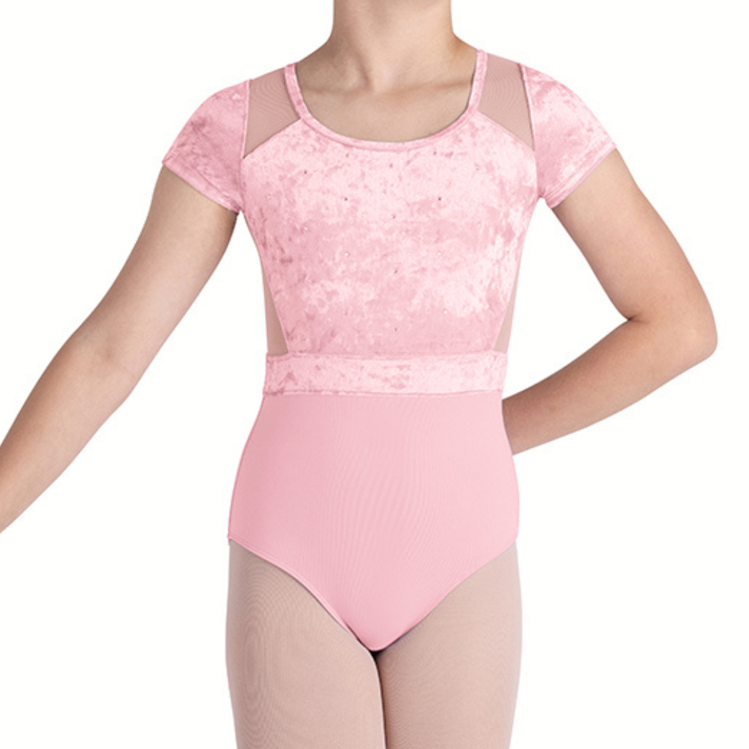 Bloch CL5282-Amelia Velvet and  Mesh Cross Back Cap Sleeve Leotard-PINK