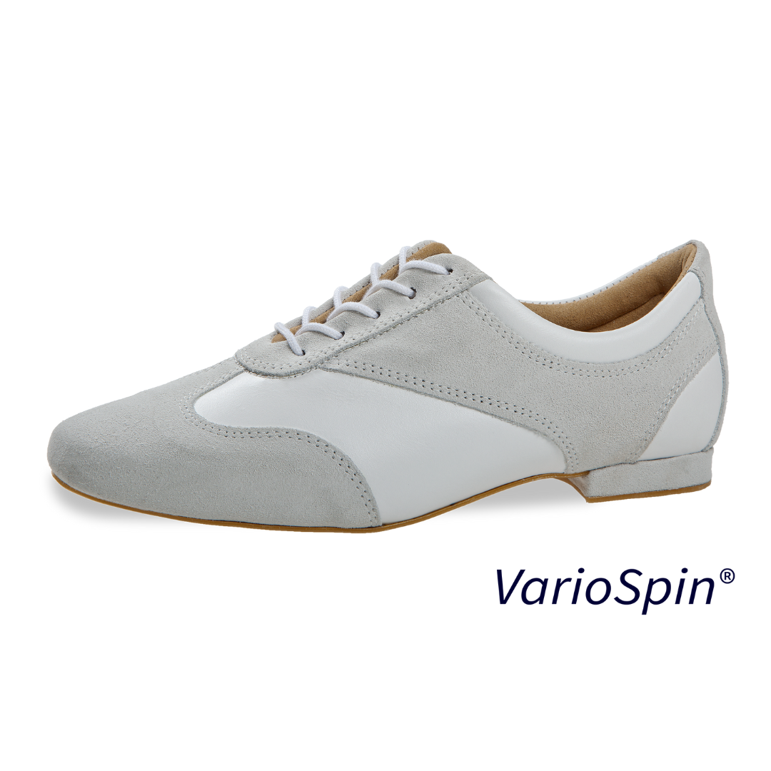 183-005-658-Y-Ballroom Shoes 1/2" Plastic Vario Spin Sole Lether White Suede Grey