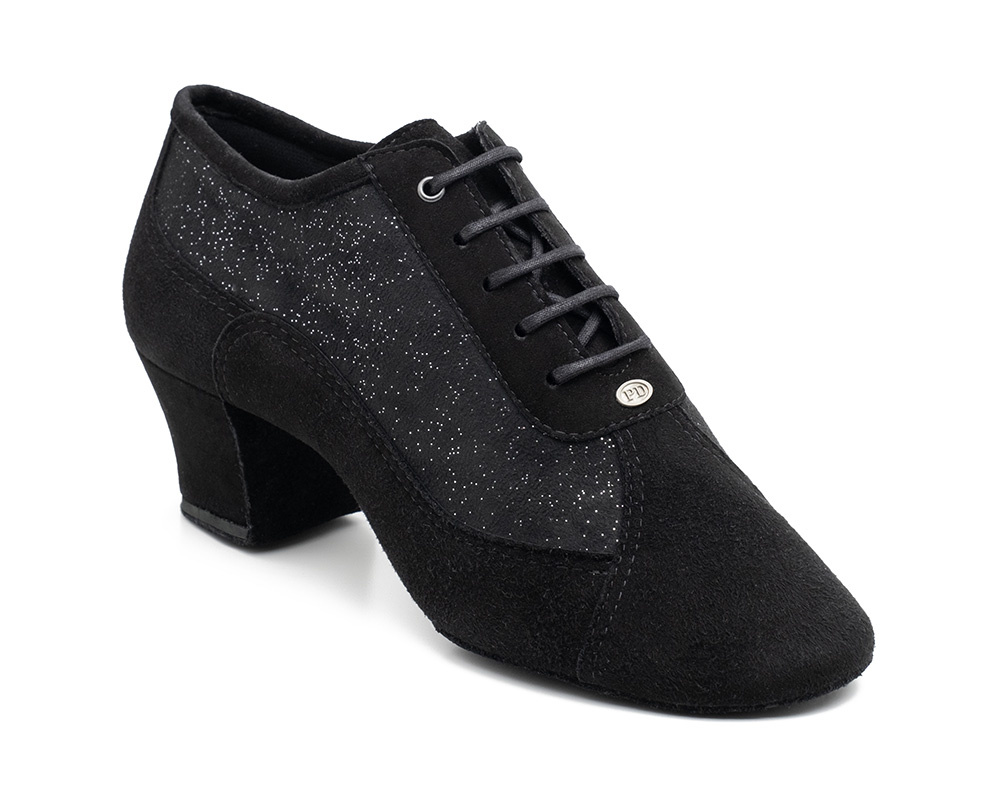 Portdance PD701-Ballroom Shoes Split Sole Cuban Heel 1.5" Suede Sole Nubuck/Glitter-BLACK