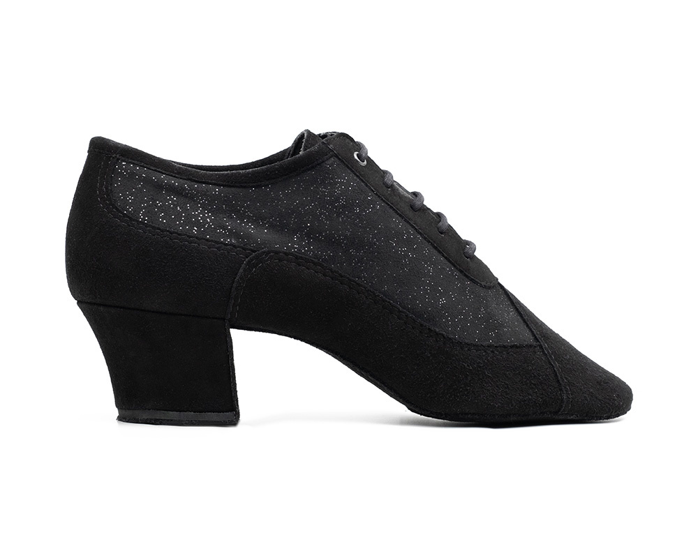 Portdance PD701-Ballroom Shoes Split Sole Cuban Heel 1.5" Suede Sole Nubuck/Glitter-BLACK