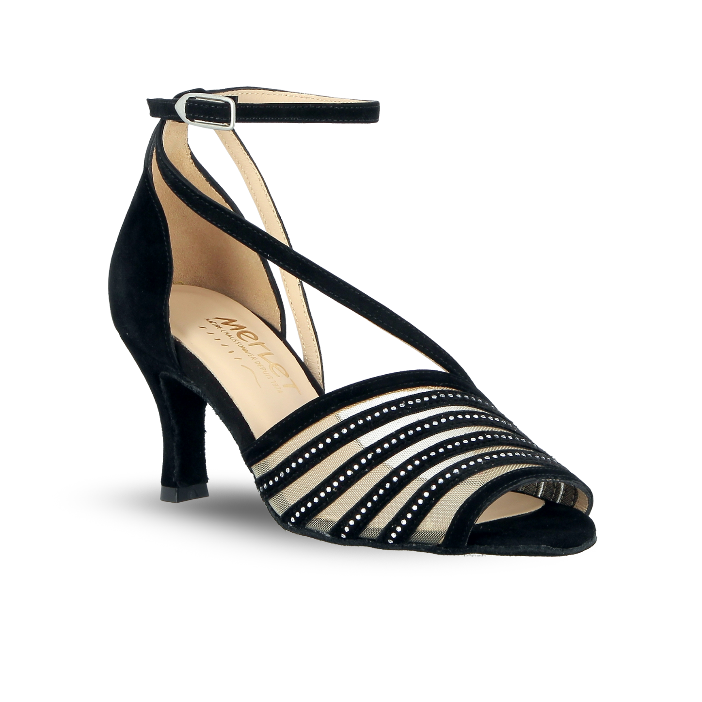 Merlet SIDILE-1404-001-Ballroom Shoes 2.5" Suede Sole Velvet leather Strass-BLACK