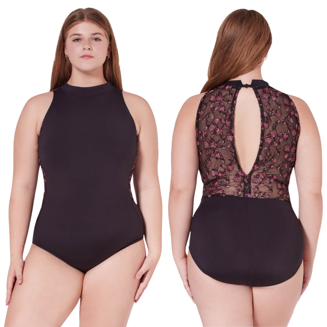 Capezio F12403W-Leotard Col Montant Orné de Motifs Romantiques
