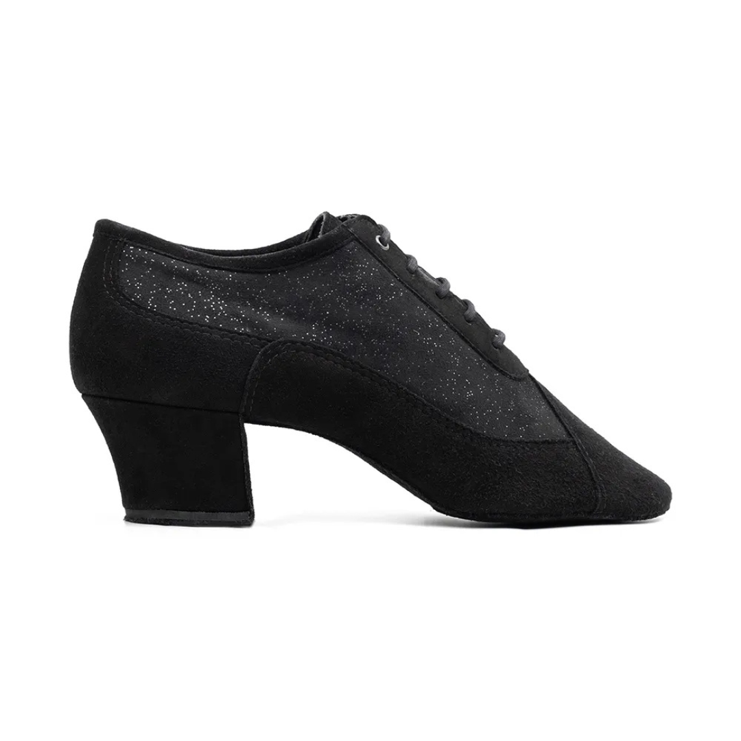 Portdance PD701-Ballroom Shoes Split Sole Cuban Heel 1.5" Suede Sole Nubuck/Glitter-BLACK