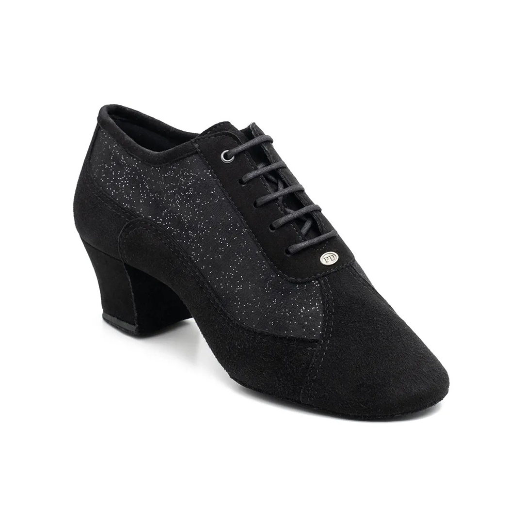 Portdance PD701-Ballroom Shoes Split Sole Cuban Heel 1.5" Suede Sole Nubuck/Glitter-BLACK