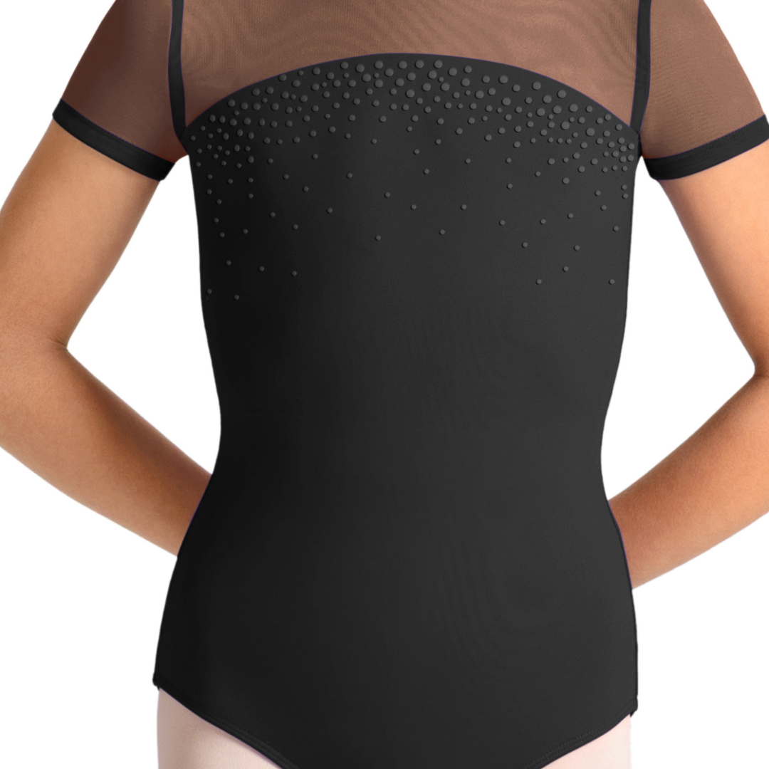 Mirella M20008C-Dot Accent Strap Detail Short Sleeve Leotard-BLACK