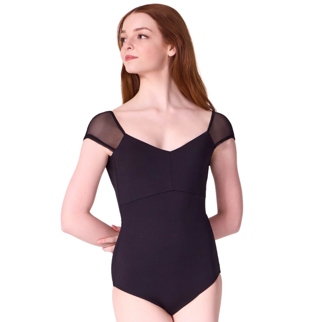 Capezio F12603W-Leotard Manches Courtes Devant en V-NOIR