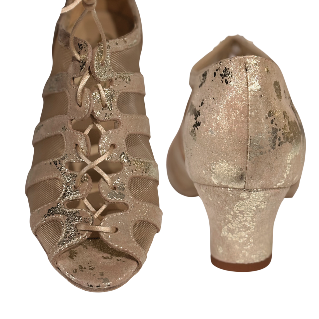 Merlet FIBIE-1973-106-Ballroom Shoes 1.7" Suede Sole Leather Beige Gold