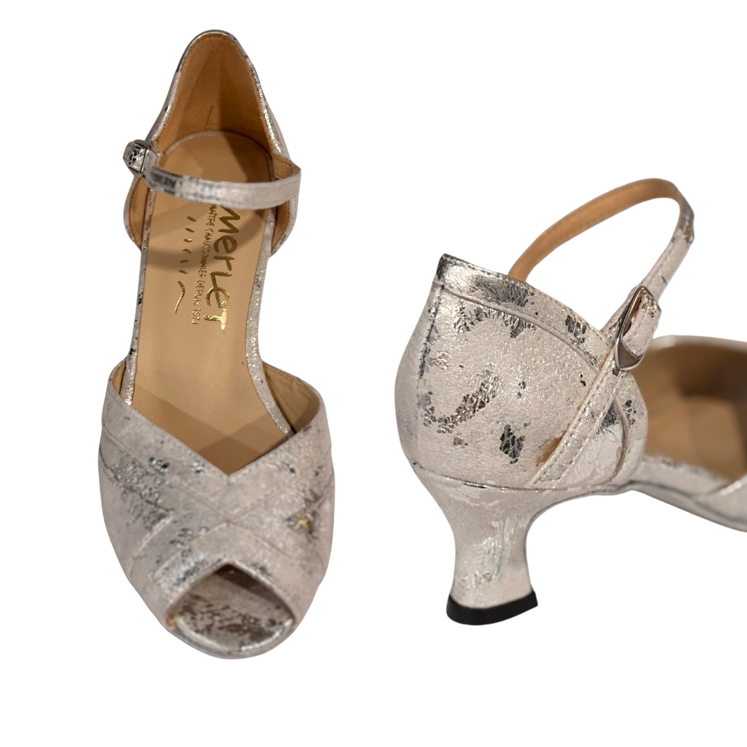 Merlet KALY1-1973-900-Ballroom Shoes 2'' Suede Sole Leather White Silver