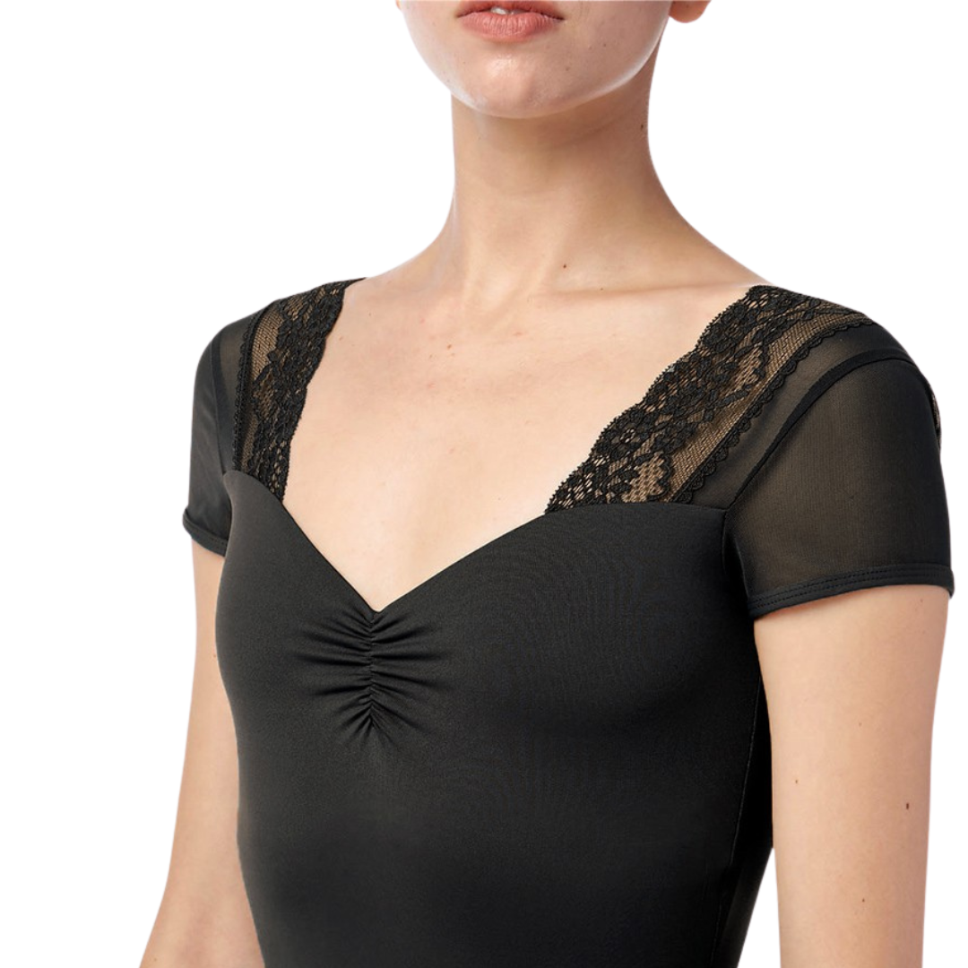 Lulli Dancewear LUF682-Valeria Leotard Manches Courtes Dentelle et Mesh - NOIR