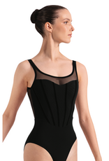 Bloch L50013B-Leotard Evelyn à Double Encolure Échancrée en Maille Unie avec Détail en Velours NOIR