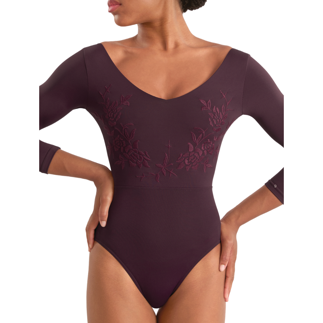 Mirella M60003LM-V Neckline Embroidered 3/4 Sleeve Leotard