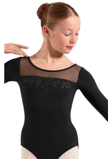 Mirella M60004C-Floral Embroidered Detail with Back Mesh 3/4 Sleeve Leotard BLACK