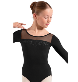 Mirella M60004C-Leotard à Manches 3/4 et Détails Brodés de Fleurs Dos en Résille NOIR