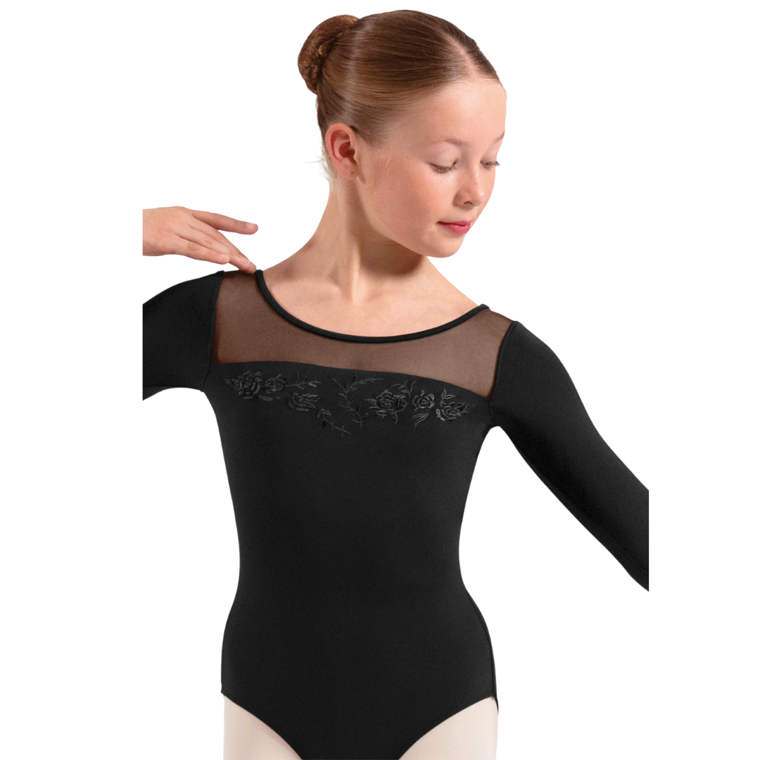 Mirella M60004C-Leotard à Manches 3/4 et Détails Brodés de Fleurs Dos en Résille NOIR
