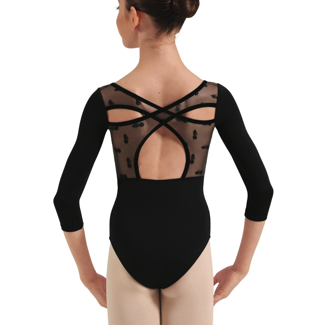 Bloch CL60005-Leotard Avery à Encolure Ronde Imprimé Floral Manches 3/4 NOIR
