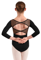 Mirella M60004C-Leotard à Manches 3/4 et Détails Brodés de Fleurs Dos en Résille NOIR