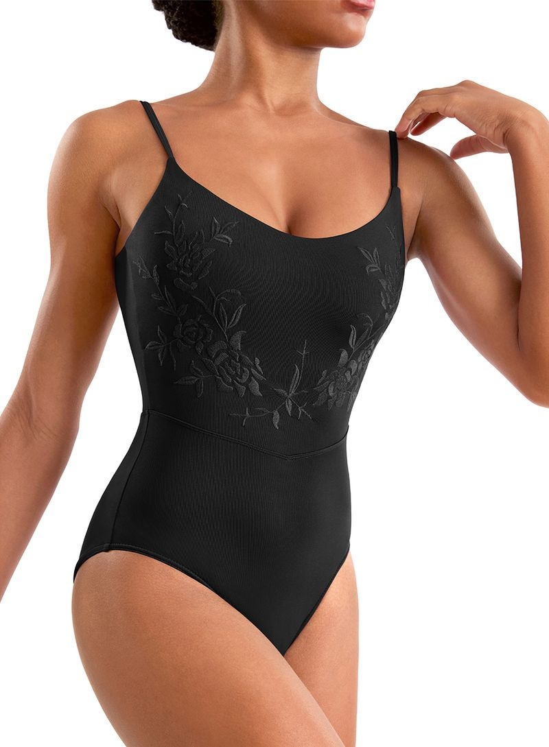 Mirella M70007LM-Leotard à Bretelles Fines avec Détails Brodés Florals NOIR